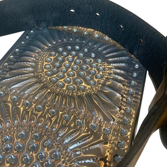 Genuine Leather Womens Belt Tooled Flowers Brass Buckle Western Boho Vintage - Picture 3 of 6